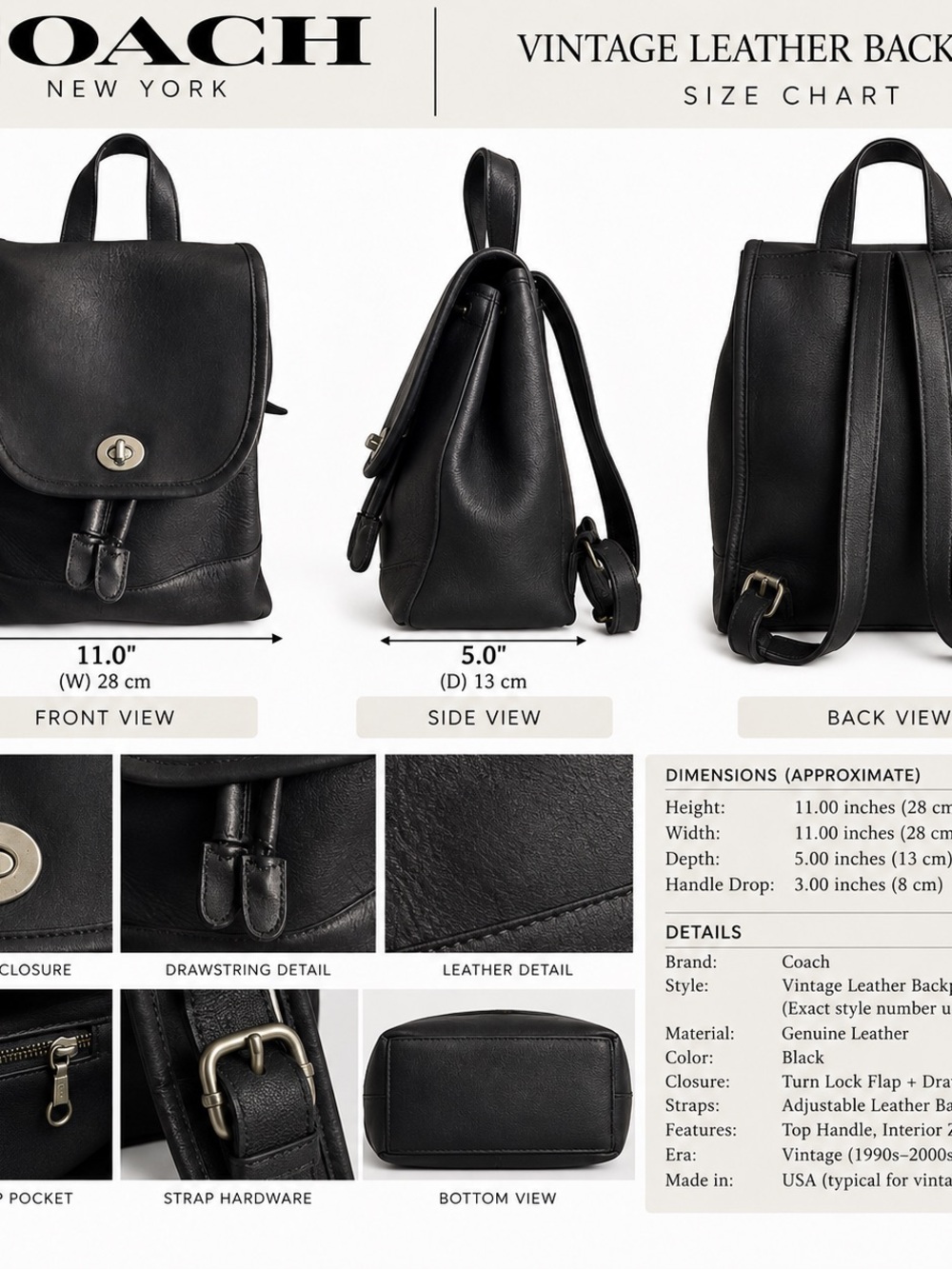 Coach Black Vintage Leather Backpack Crossbody